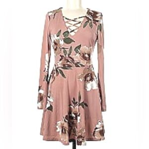Dusty Rose Floral Long Sleeve Skater Dress, Crisscross V-Neck, Size XS